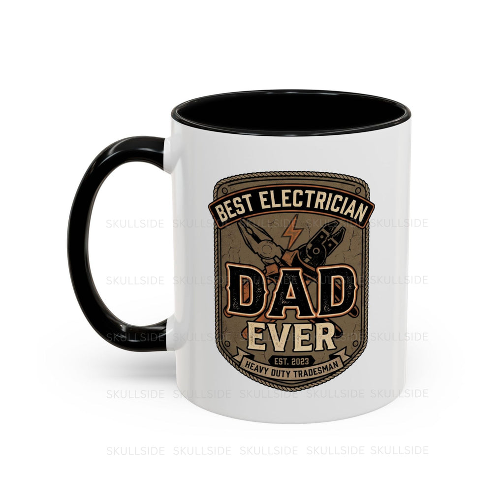 White mug with black interior and handle, featuring a 'Best Electrician Dad Ever' design.