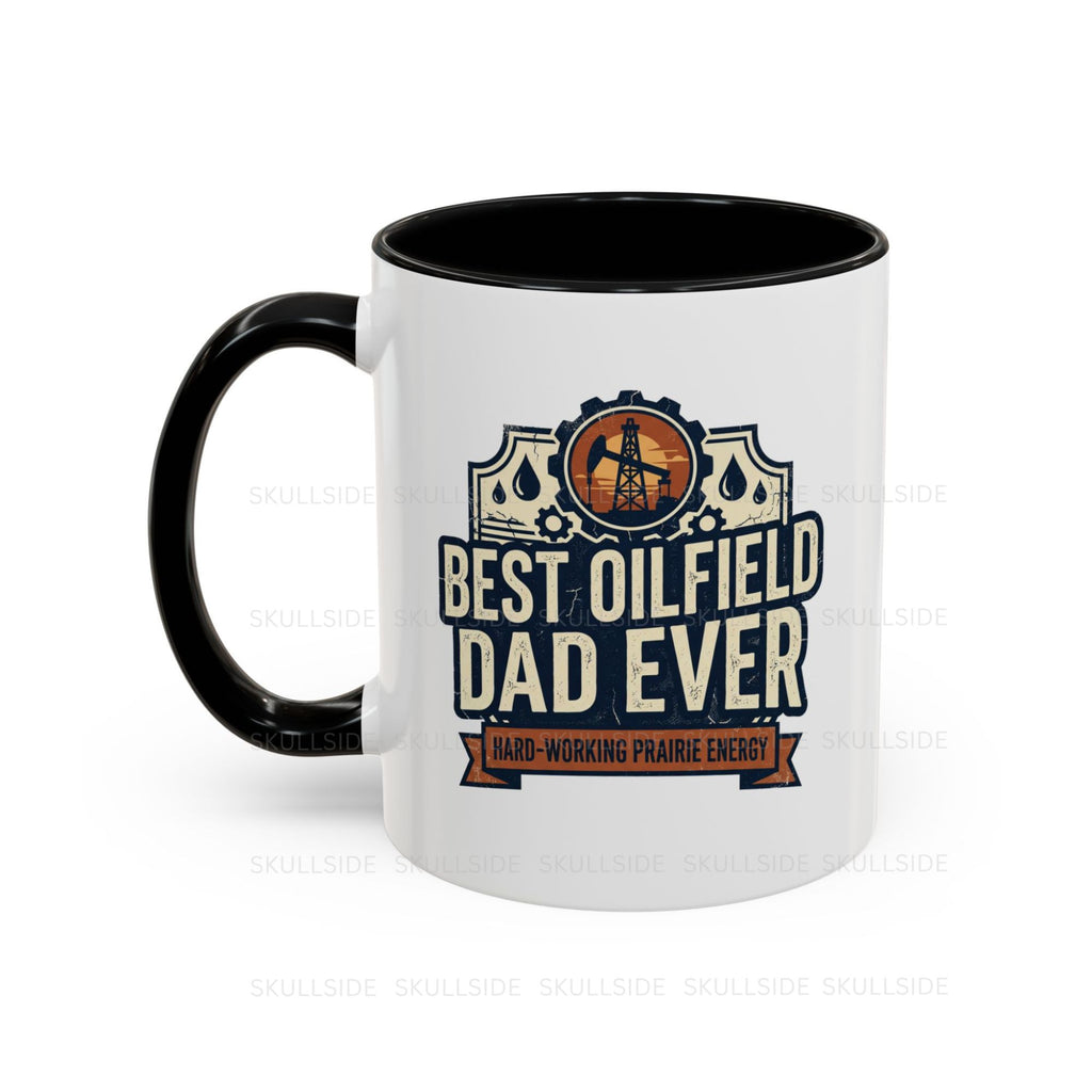 White mug with black handle featuring 'Best Oilfield Dad Ever' design on a white background