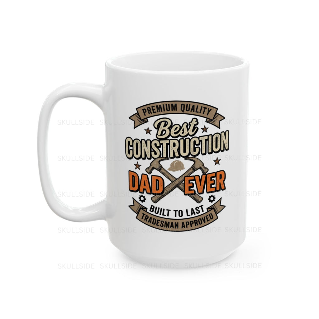 White mug with construction-themed text and graphics on a white background