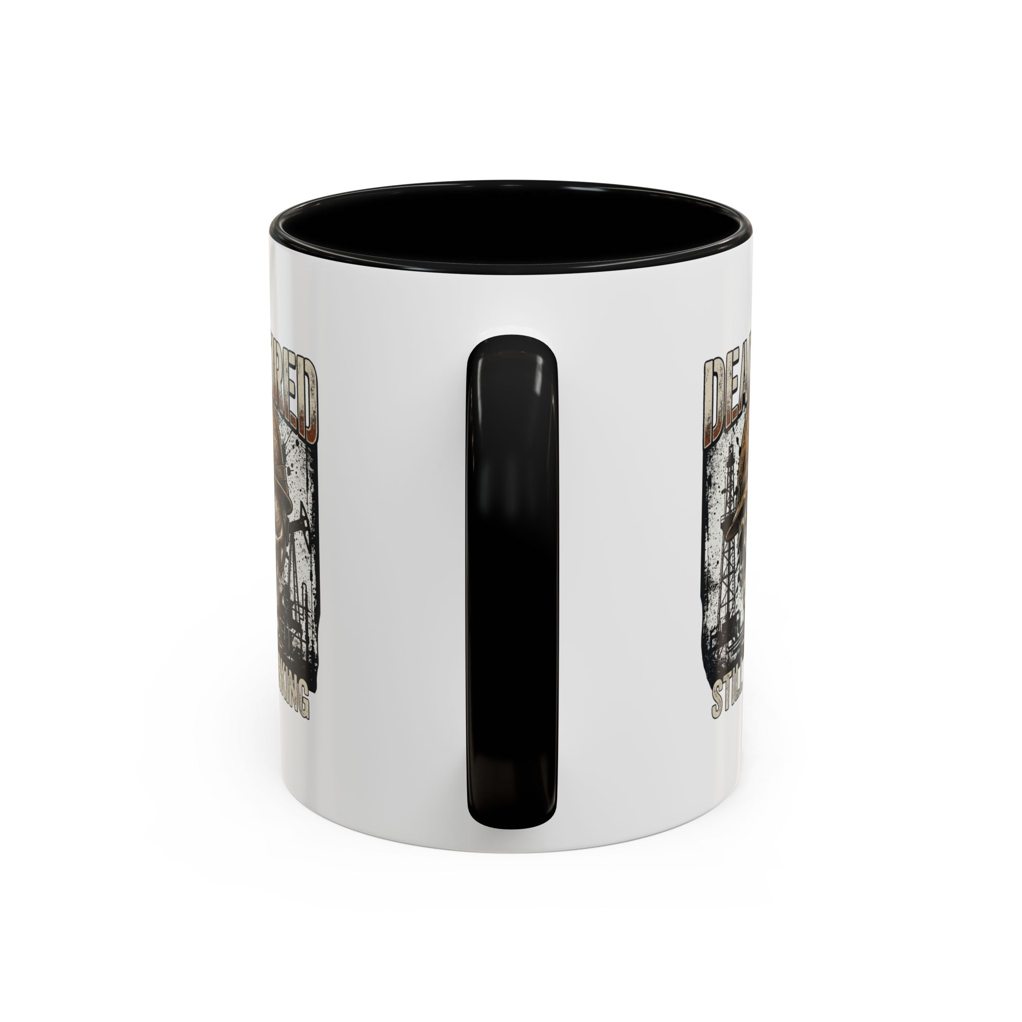 Dead Tired Still Working skull in hard hat Accent Coffee Mug | oil rigs, oil splatters