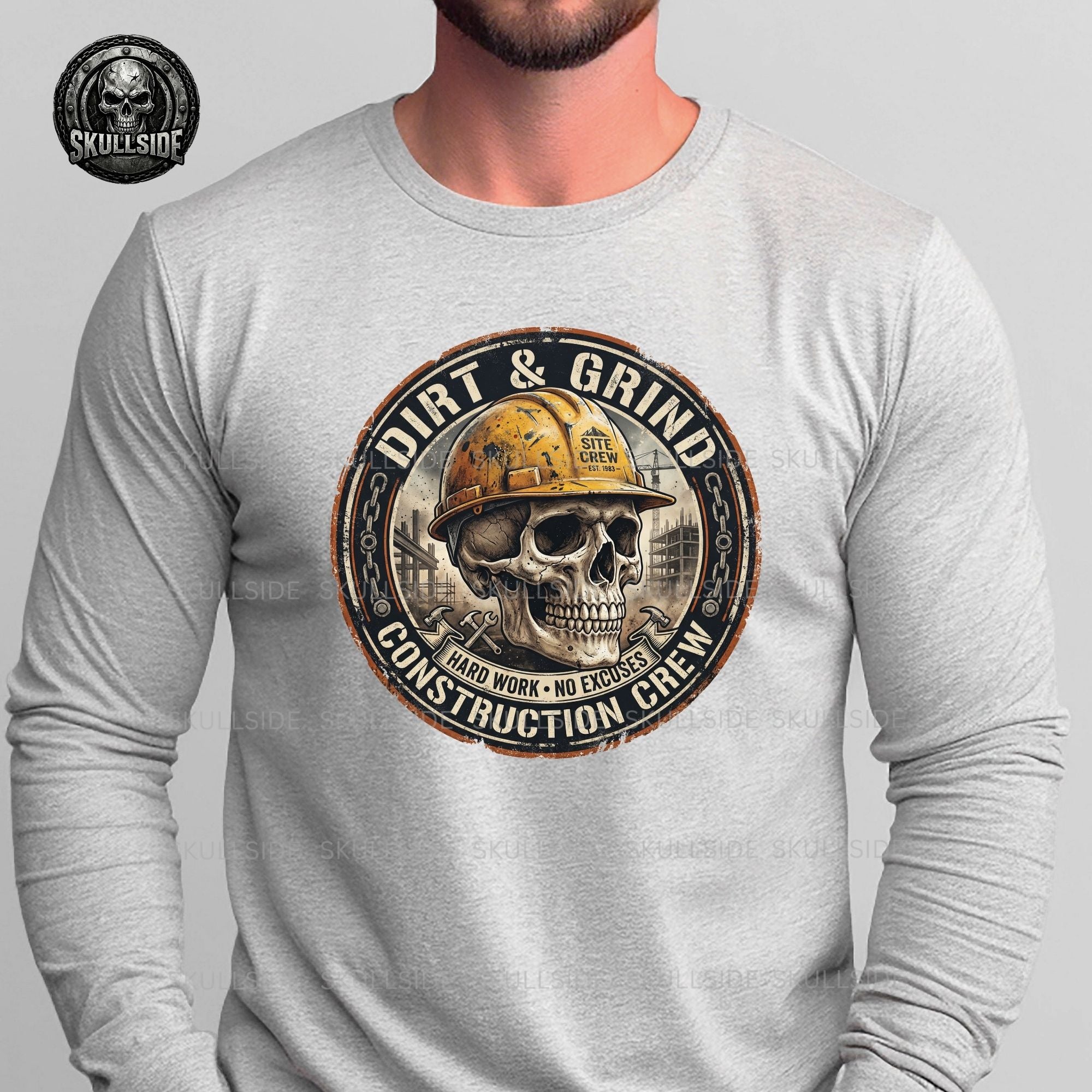 Gray long-sleeve shirt with 'Dirt & Grind Construction Crew' graphic on a plain background