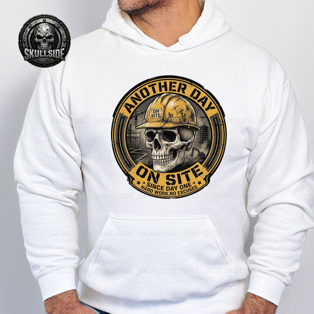 White hoodie with skull and hard hat graphic and 'Skullside' logo.