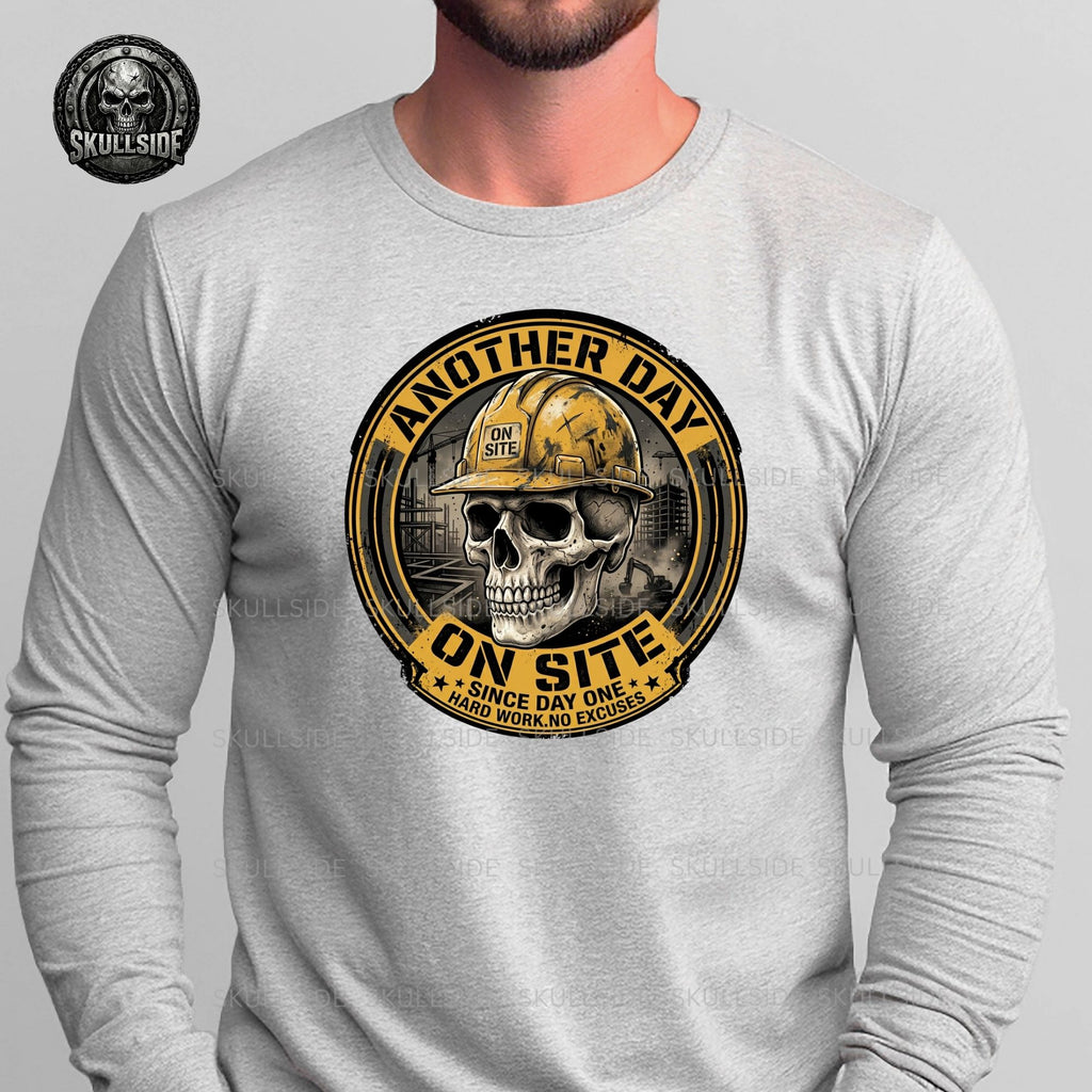 Gray long-sleeve shirt with skull and hard hat graphic and text on a gray background