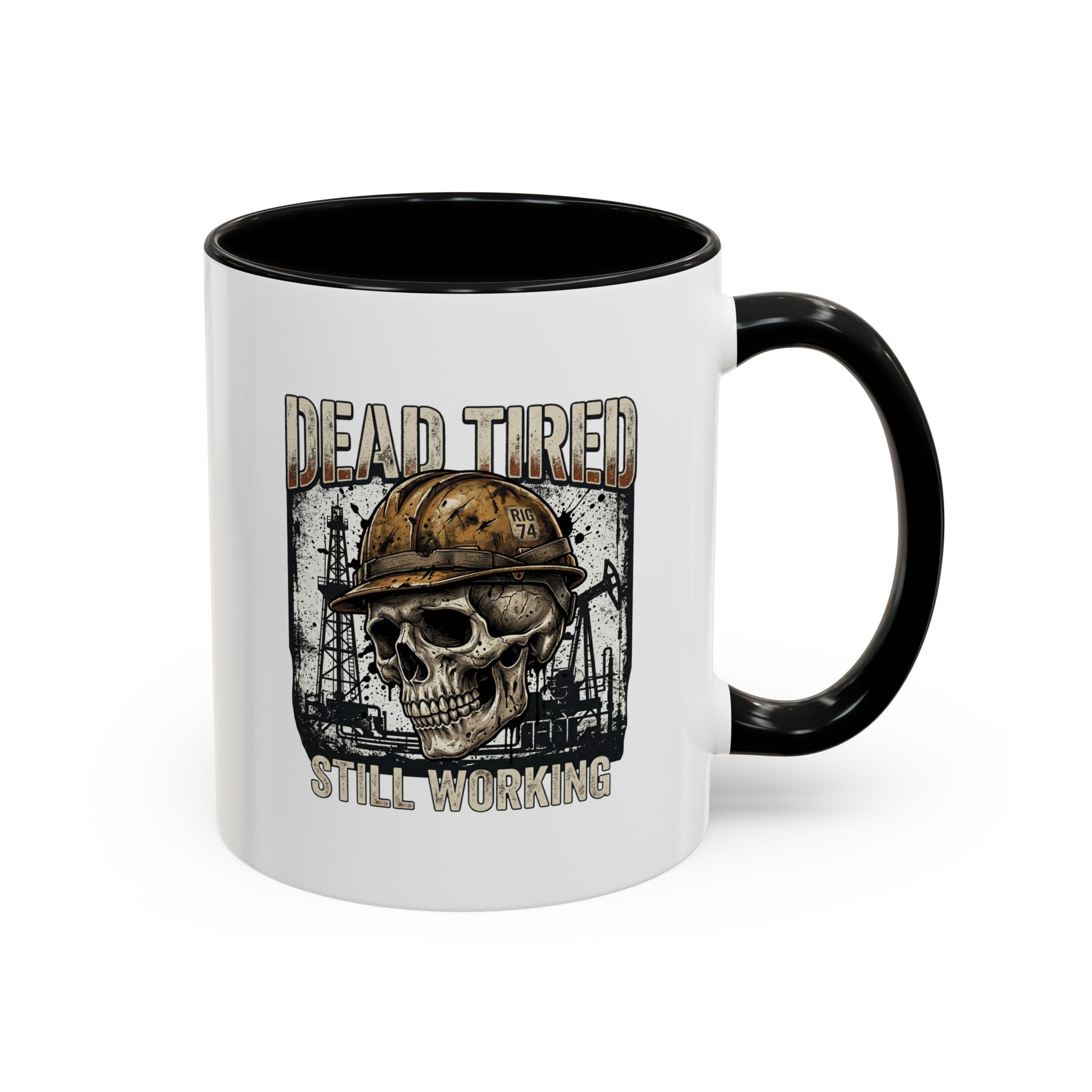 Dead Tired Still Working skull in hard hat Accent Coffee Mug | oil rigs, oil splatters