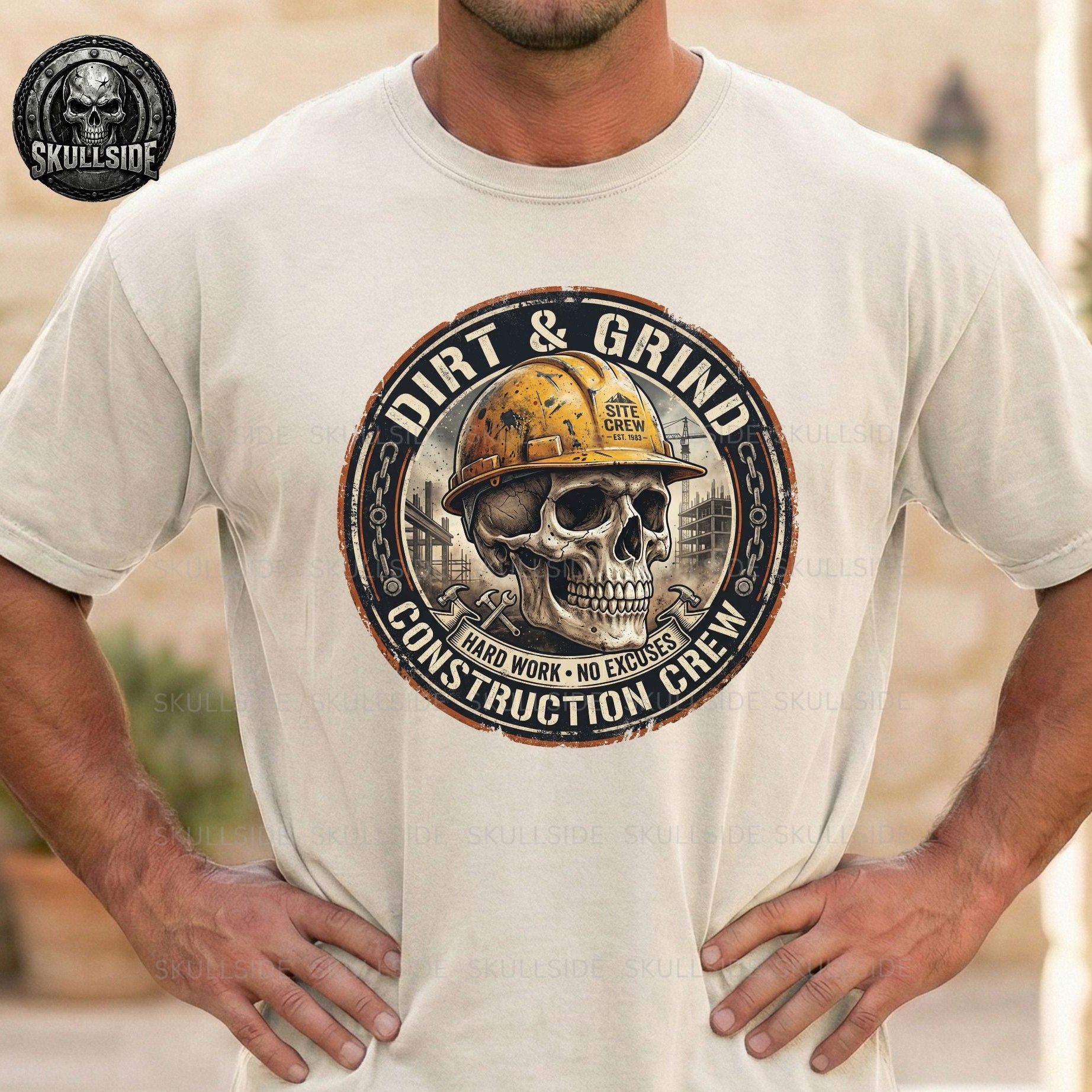 T-shirt with skull and hard hat graphic and 'Dirt & Grind Construction Crew' text.