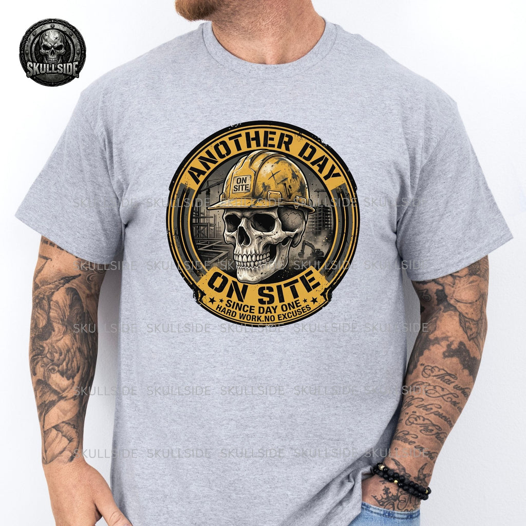 Gray t-shirt with a skull and hard hat graphic and text on a white background