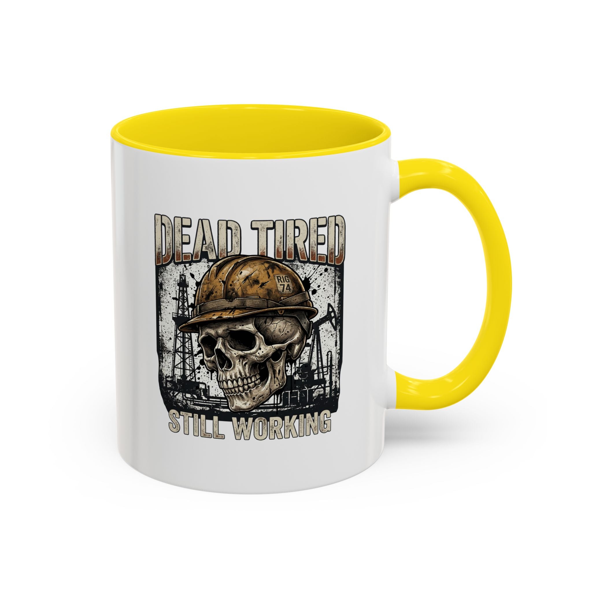 Dead Tired Still Working skull in hard hat Accent Coffee Mug | oil rigs, oil splatters