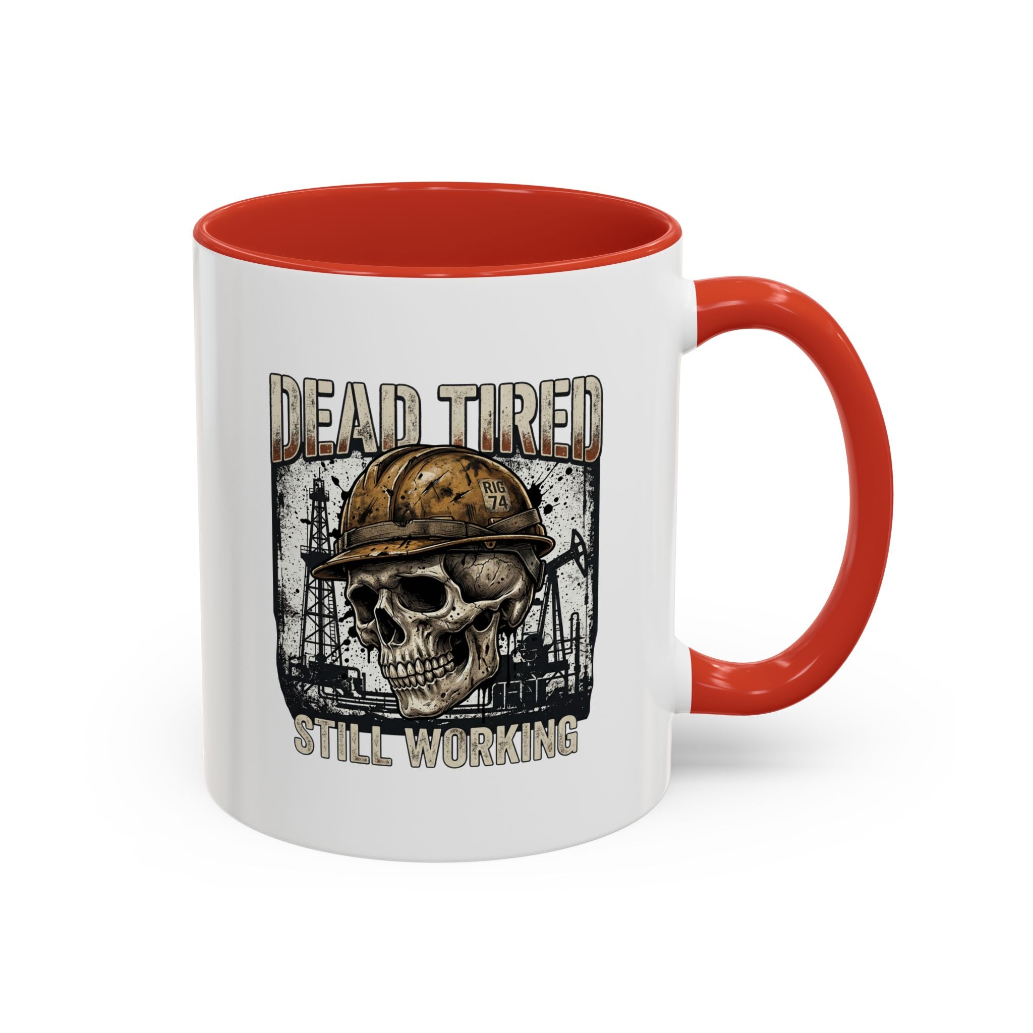 Dead Tired Still Working skull in hard hat Accent Coffee Mug | oil rigs, oil splatters