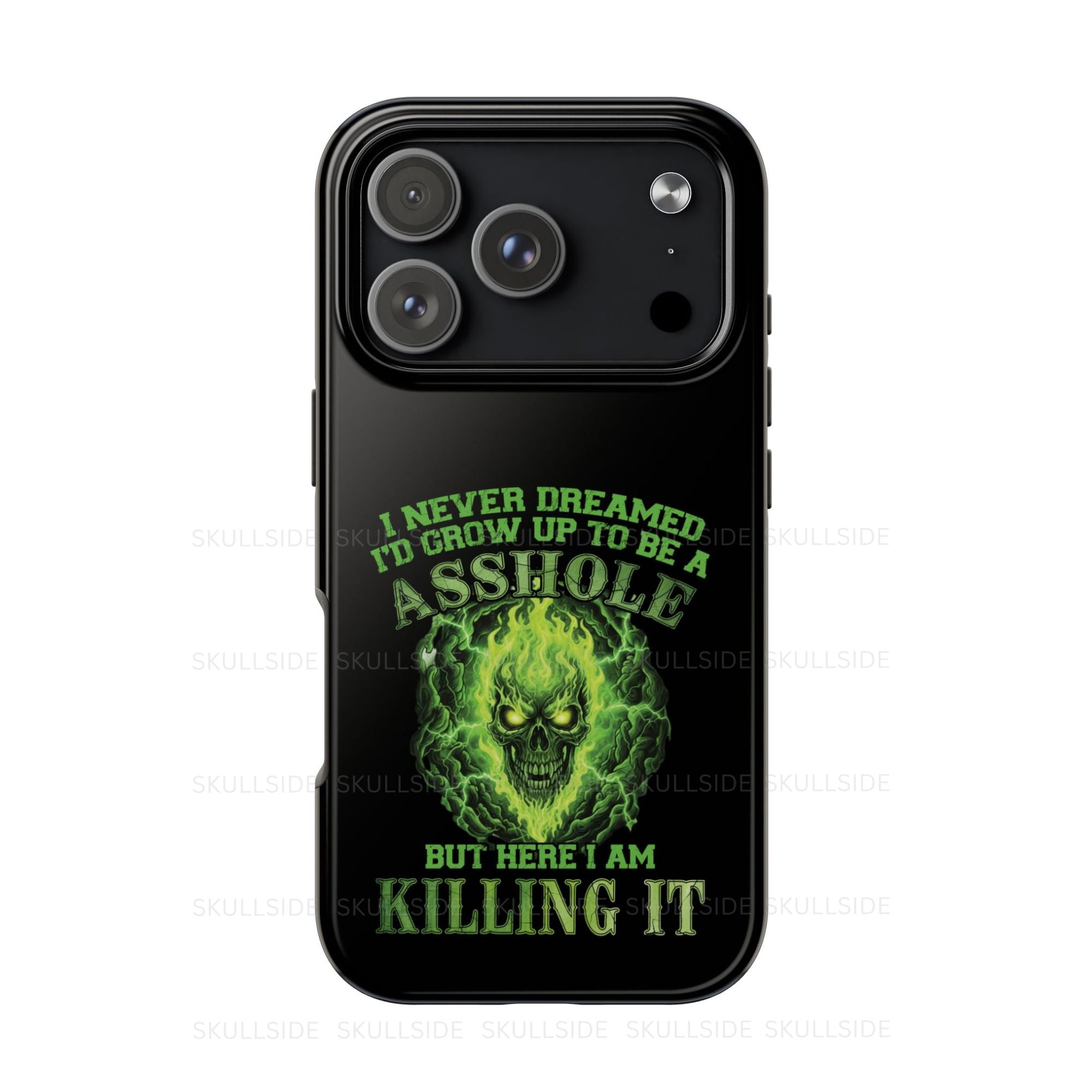 Phone case with a skull graphic design and text on a white background