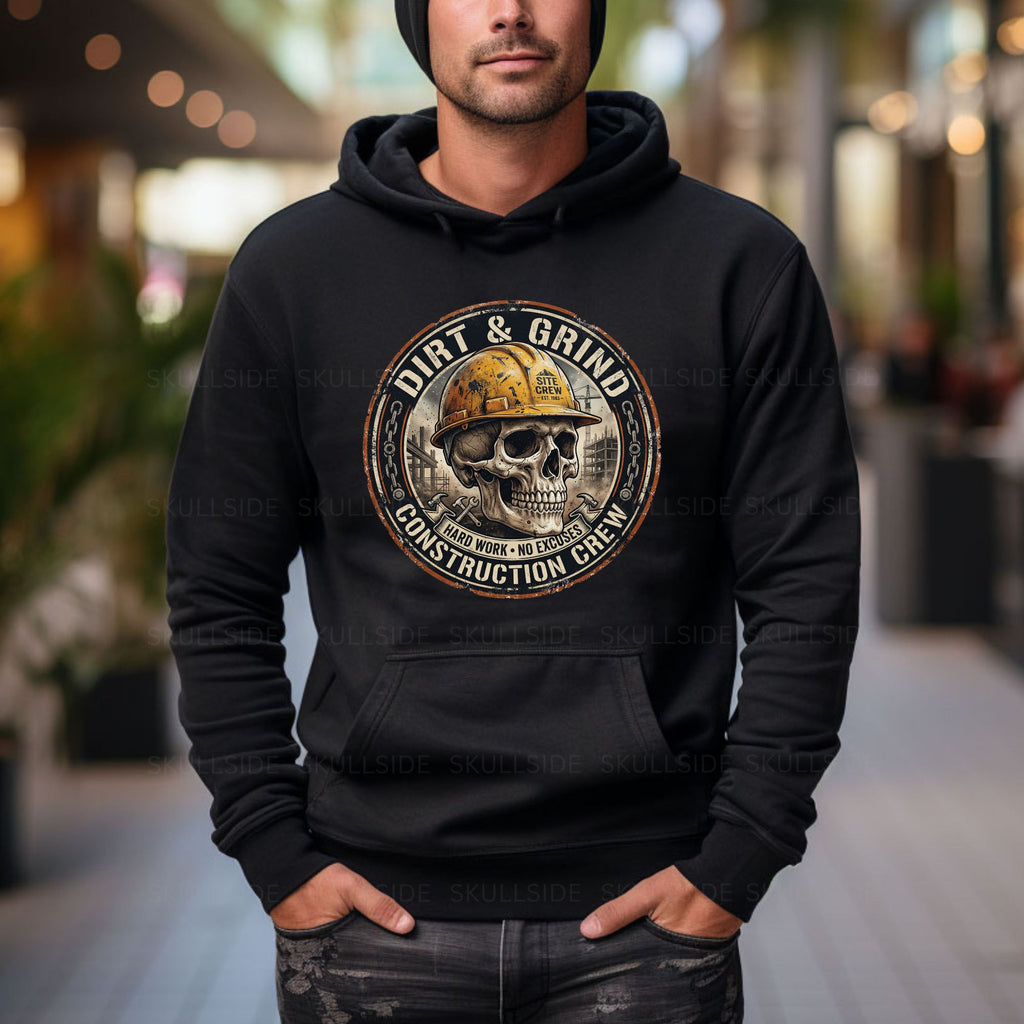 Person wearing a black hoodie with a skull and hard hat design, text 'Dirt & Grind Construction Crew'.