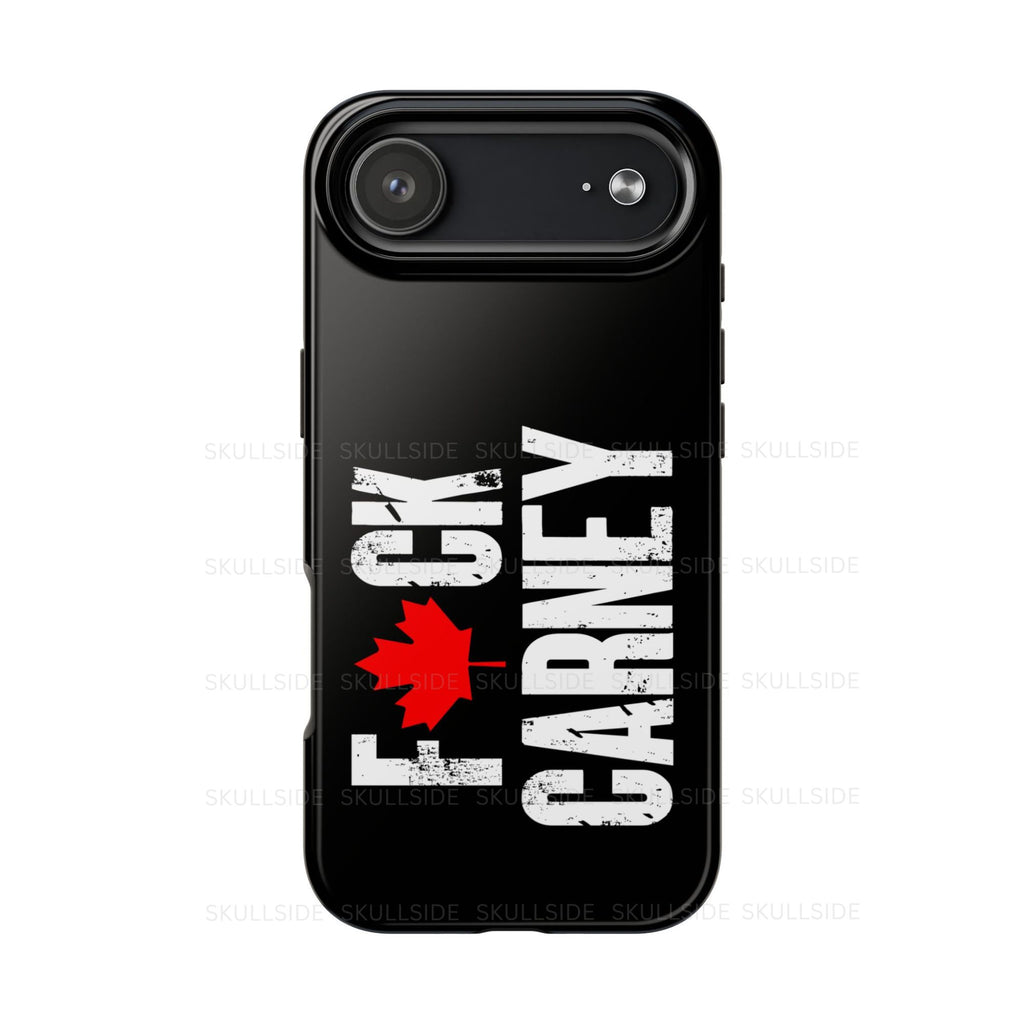 Phone case with a red maple leaf and text on a black background