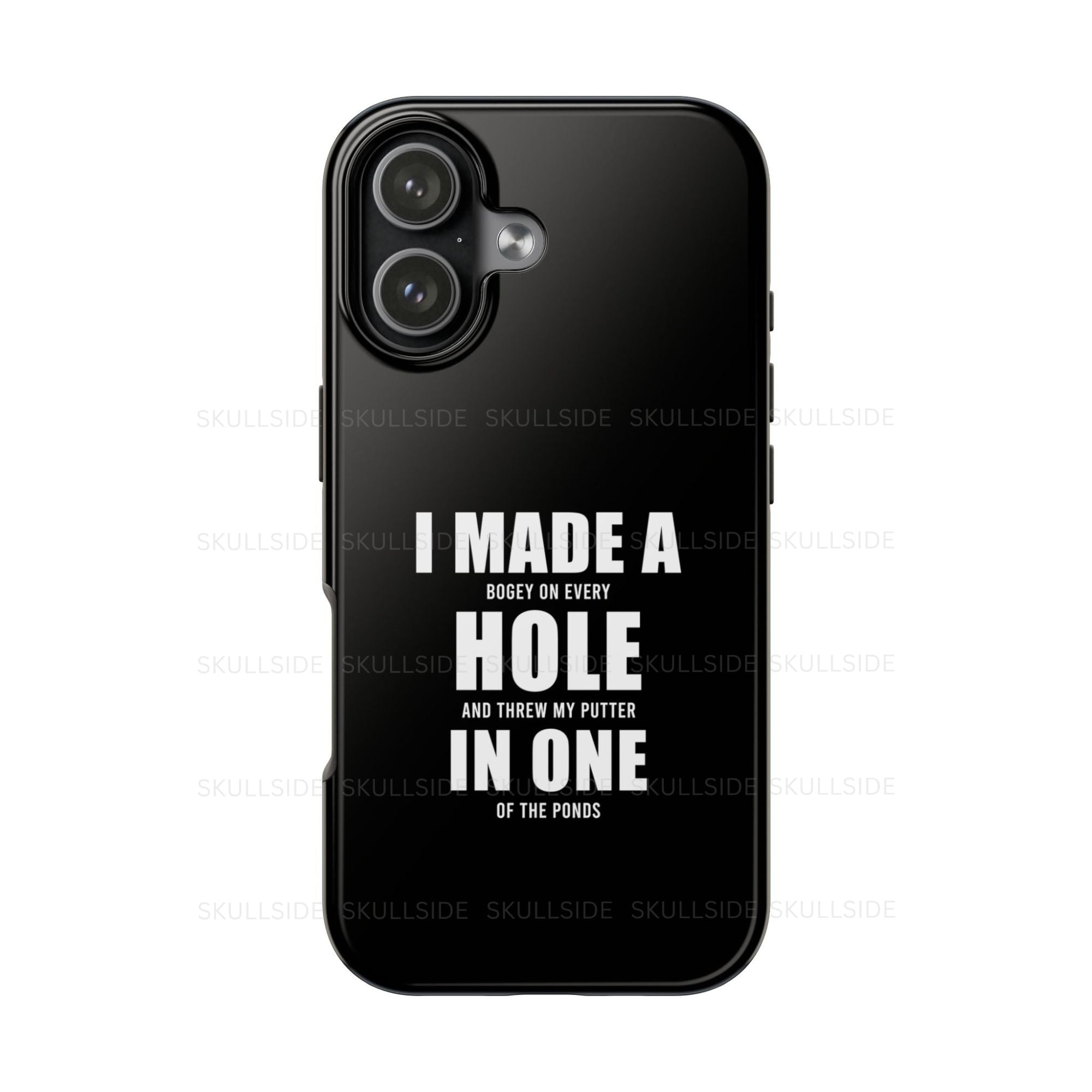 Black phone case with humorous golf design on a white background