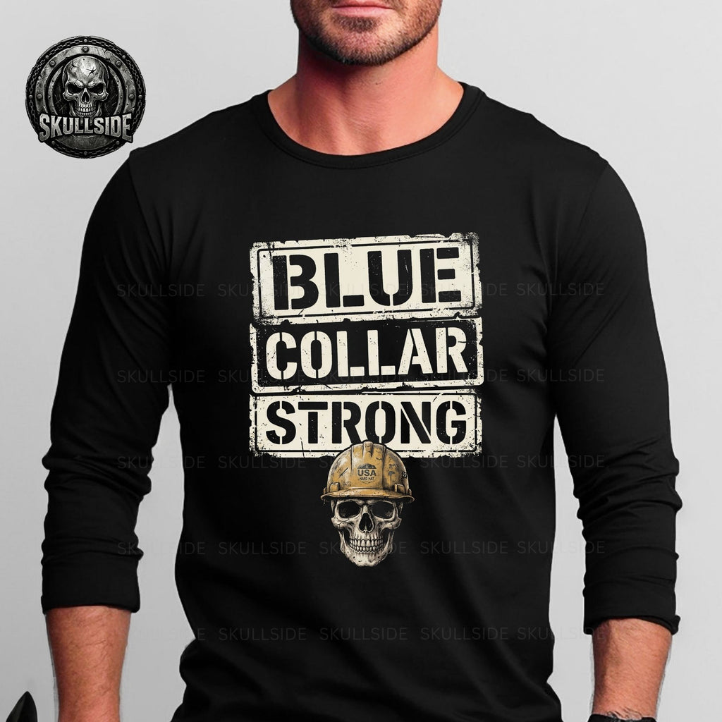 Black long-sleeve shirt with 'Blue Collar Strong' text and skull graphic on a gray background.