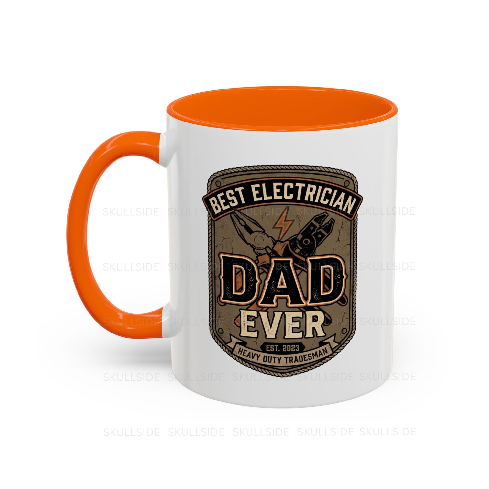 White mug with orange interior and handle, featuring a graphic and text about 'Best Electrician Dad Ever'.