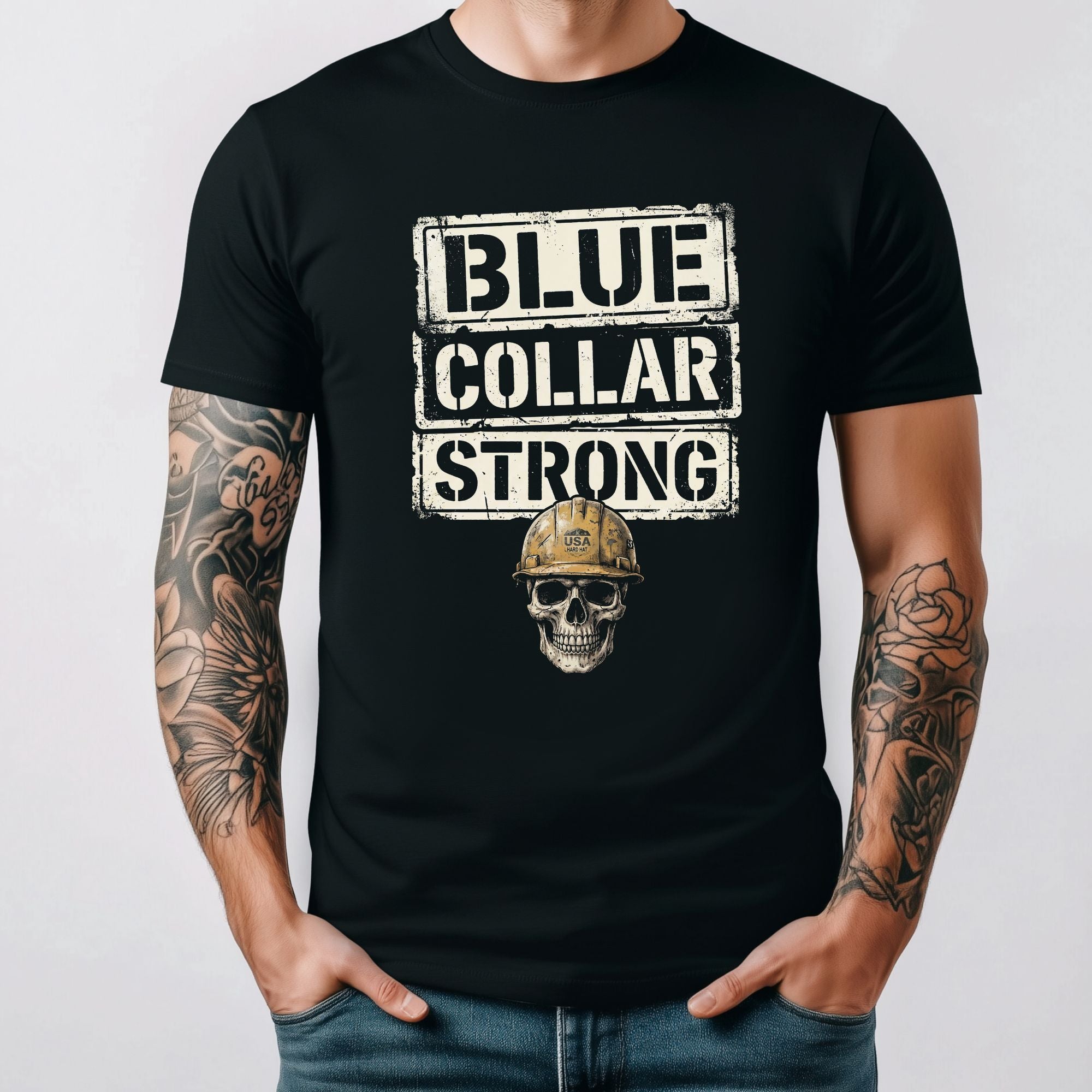 Black t-shirt with 'Blue Collar Strong' graphic design featuring a skull and hard hat on a plain background.